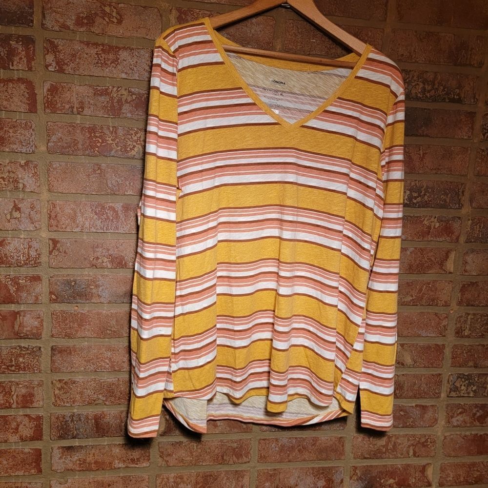 Sonoma "The Everyday Tee" Long Sleeve Tee Shirt Striped V Neck size XL NWOT